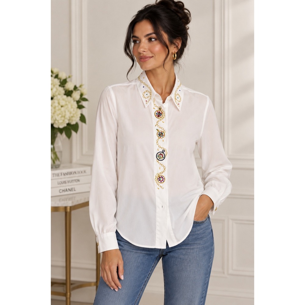 Petite Sophisticate White Embroidered Jeweled Watch Button Down Blouse M